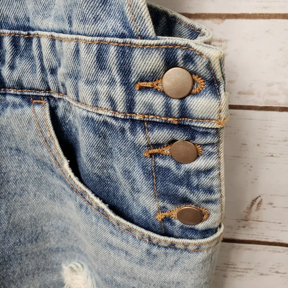 F21 Distressed Denim Overall Jumper Dress Pockets Light Blue MIni Size M - Picture 6 of 12